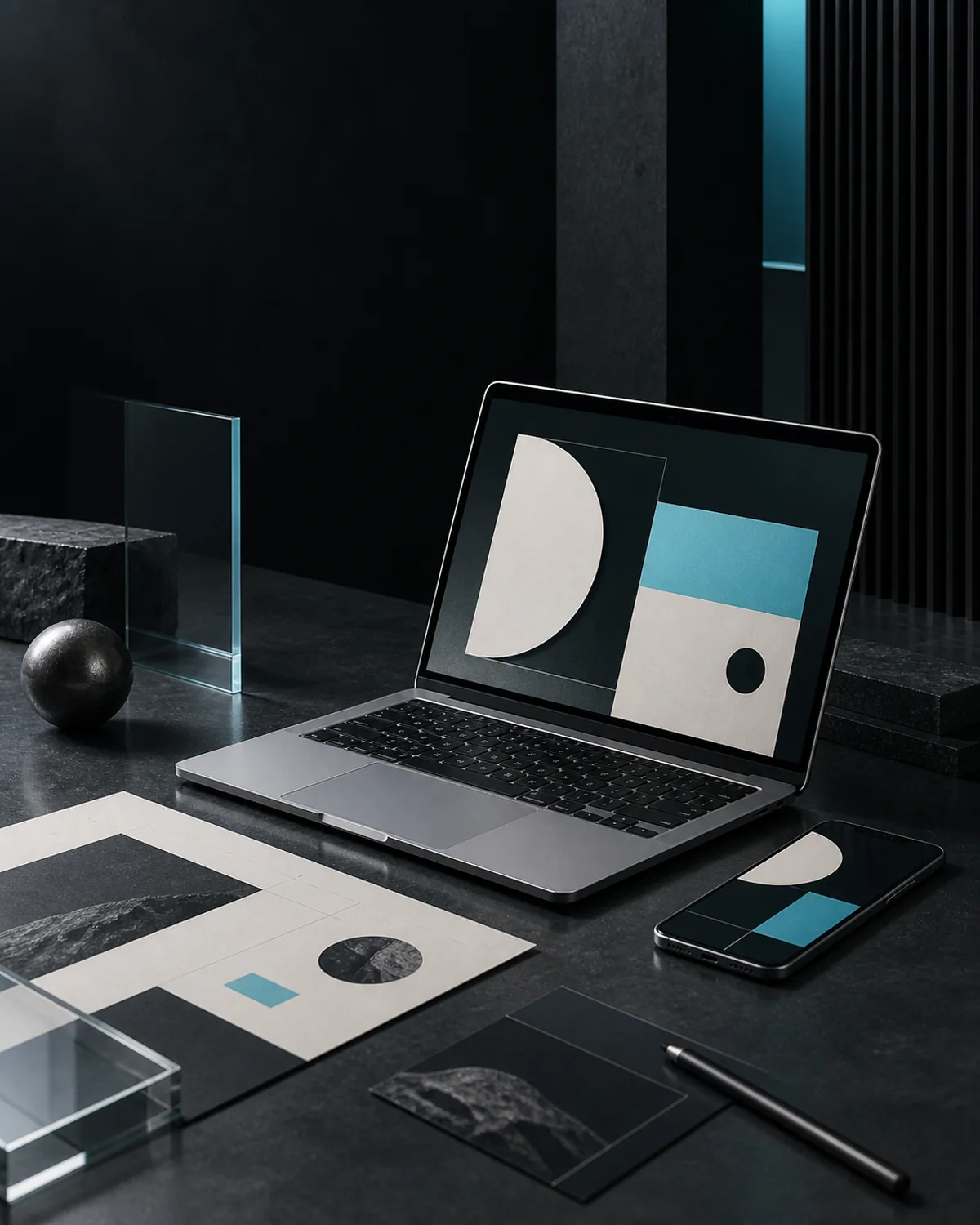 Laptop and phone showing interface layouts on a dark studio desk